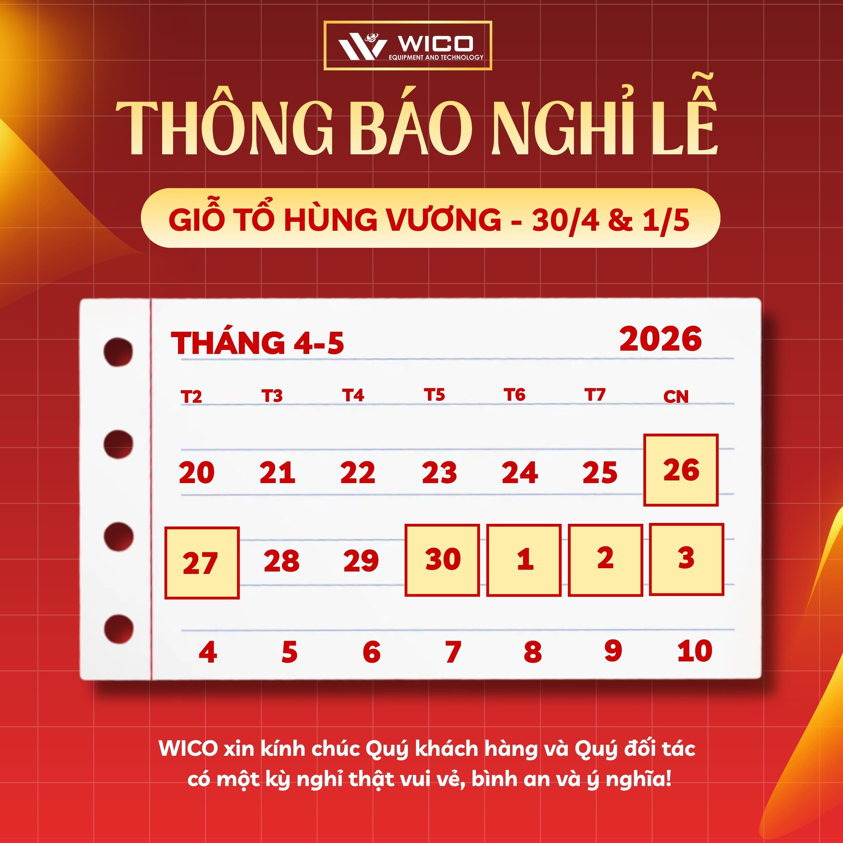 WICO - THÔNG BÁO NGHỈ LỄ GIỖ TỔ HÙNG VƯƠNG, 30/4 & 1/5