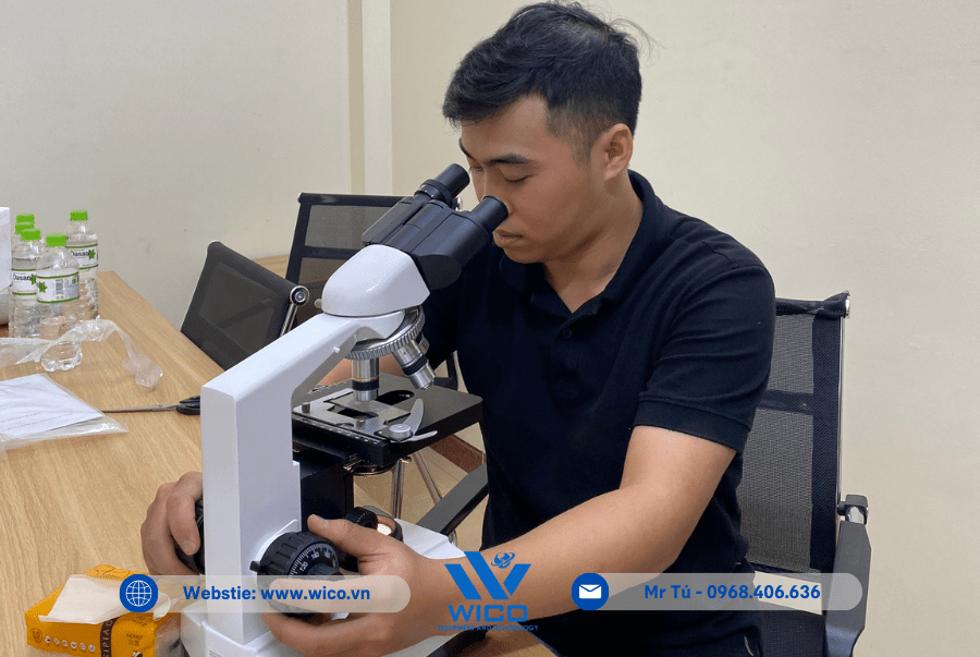 Kỹ thuật viên Wico kiểm tra Kính hiển vi XSZ-107T trước khi giao hàng