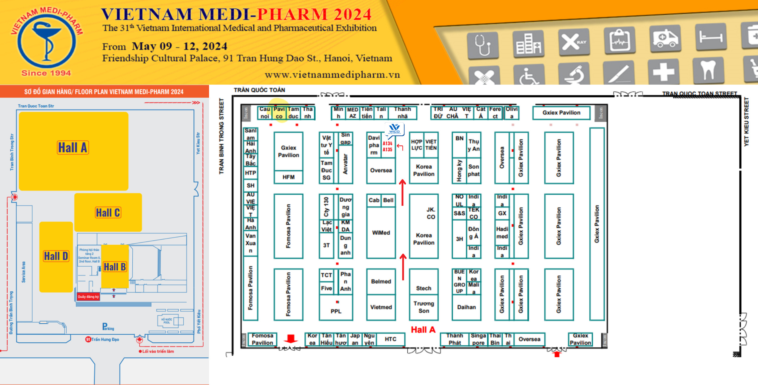 Vị trí gian hàng A134 - A135 của Wico tại Triển lãm Vietnam Medi-Pharm 2024