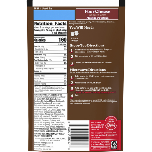 Khoai Tây Nghiền 4 Vị Phô Mai Betty Crocker Four Cheese Mashed Potatoes, Gói 113g (4 Oz.)