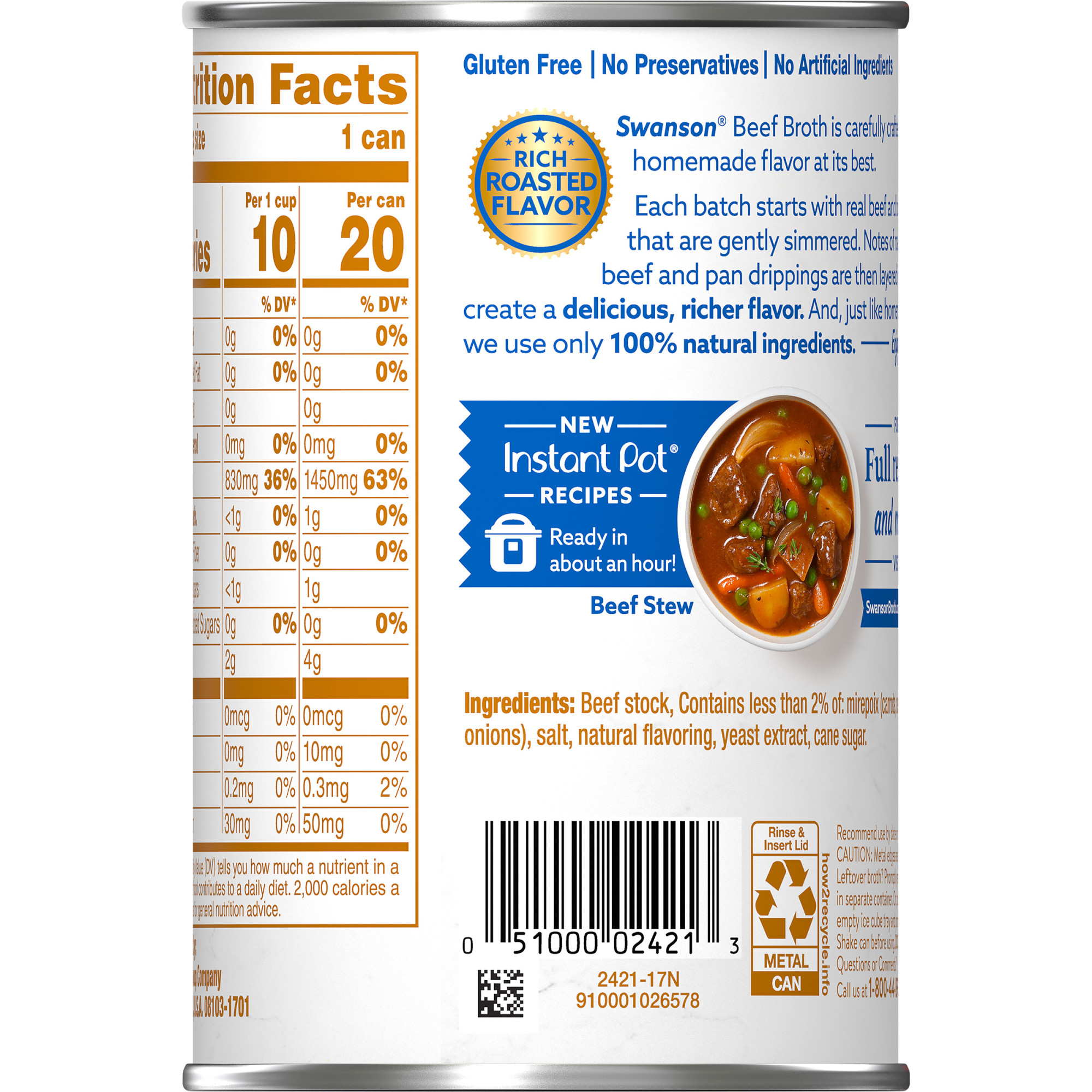Nước Dùng Bò 100% Nguyên Liệu Tự Nhiên Không Bột Ngọt Swanson Beef Broth, Lon 411g (14.5 Oz.)