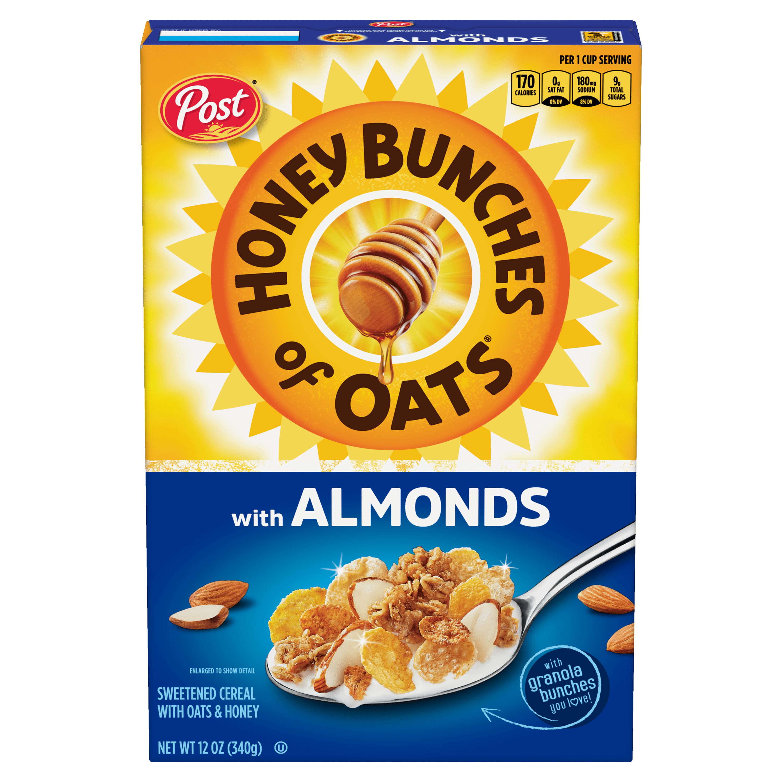 Ngũ Cốc Ăn Sáng Yến Mạch Mật Ong Với Hạnh Nhân Post Honey Bunches of Oats with Almonds Breakfast Cereal with Granola Clusters, Hộp 340g