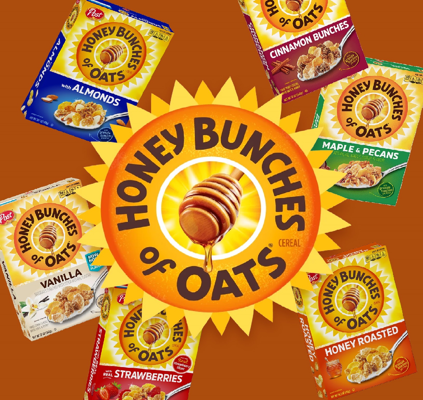 Ngũ Cốc Ăn Sáng Yến Mạch Mật Ong Post Honey Bunches of Oats Honey Roasted Breakfast Cereal, with Granola Clusters and Sliced Almonds, Family Size Cereal, Hộp 510g (1 Lb. 2 Oz.) 18 Oz.