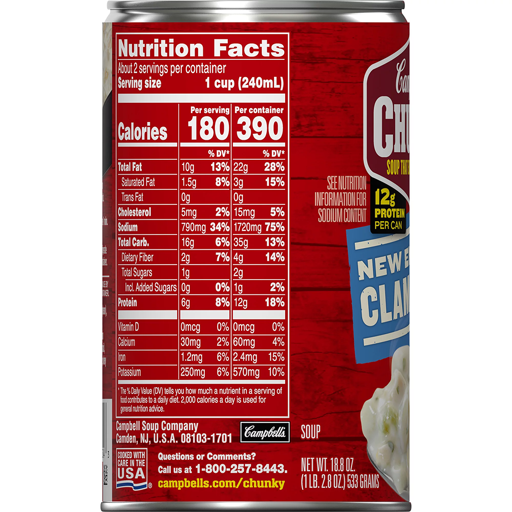Súp Nghêu Kiểu Anh Đóng Hộp Campbell's Chunky New England Clam Chowder Soup, Lon 533g (18.8 Oz.)
