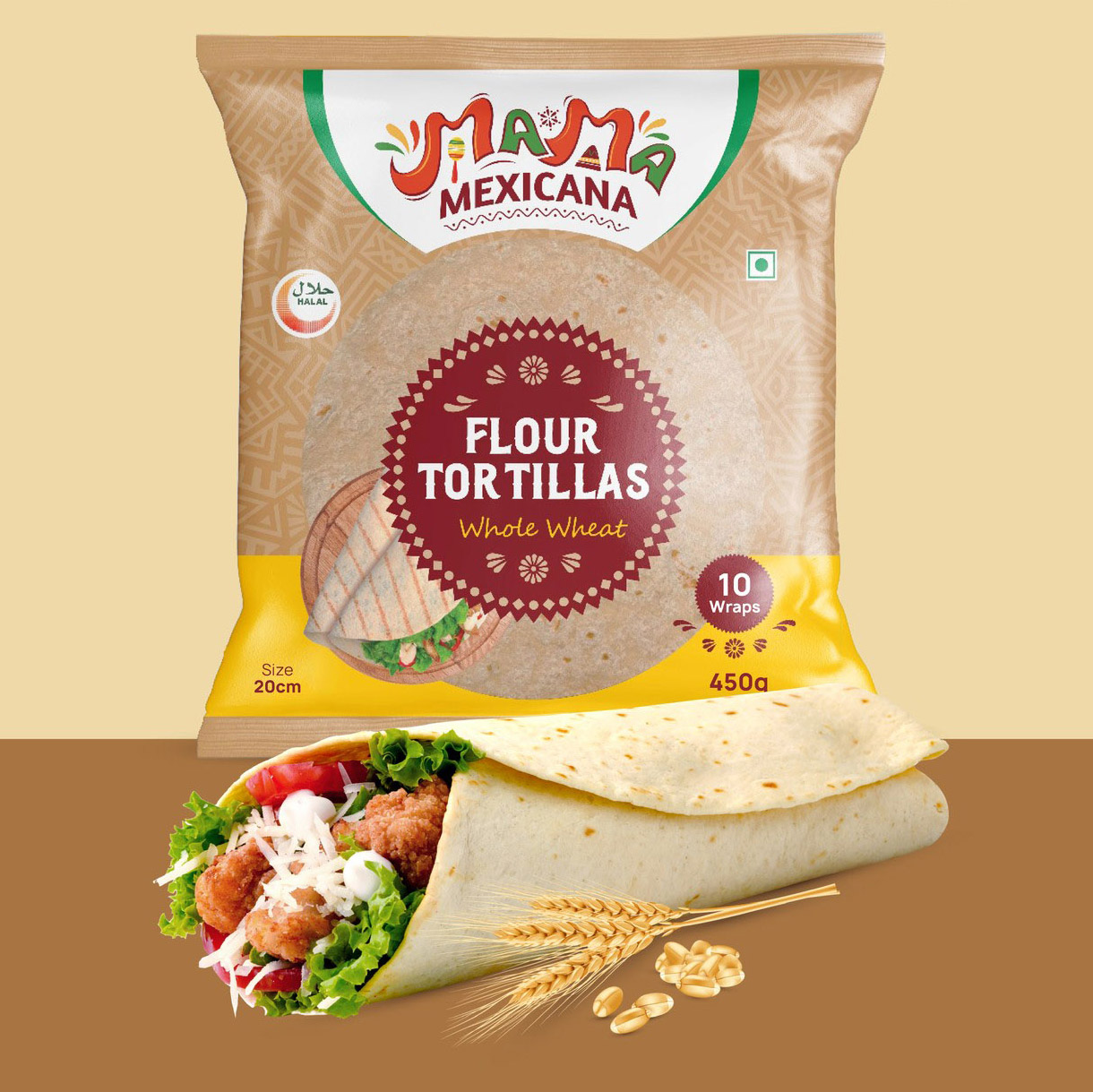 Vỏ Tortilla Nguyên Cám Tortilla Whole Wheat Mama Mexicana (Size 20cm), Gói 10 Vỏ (Gói 450g)