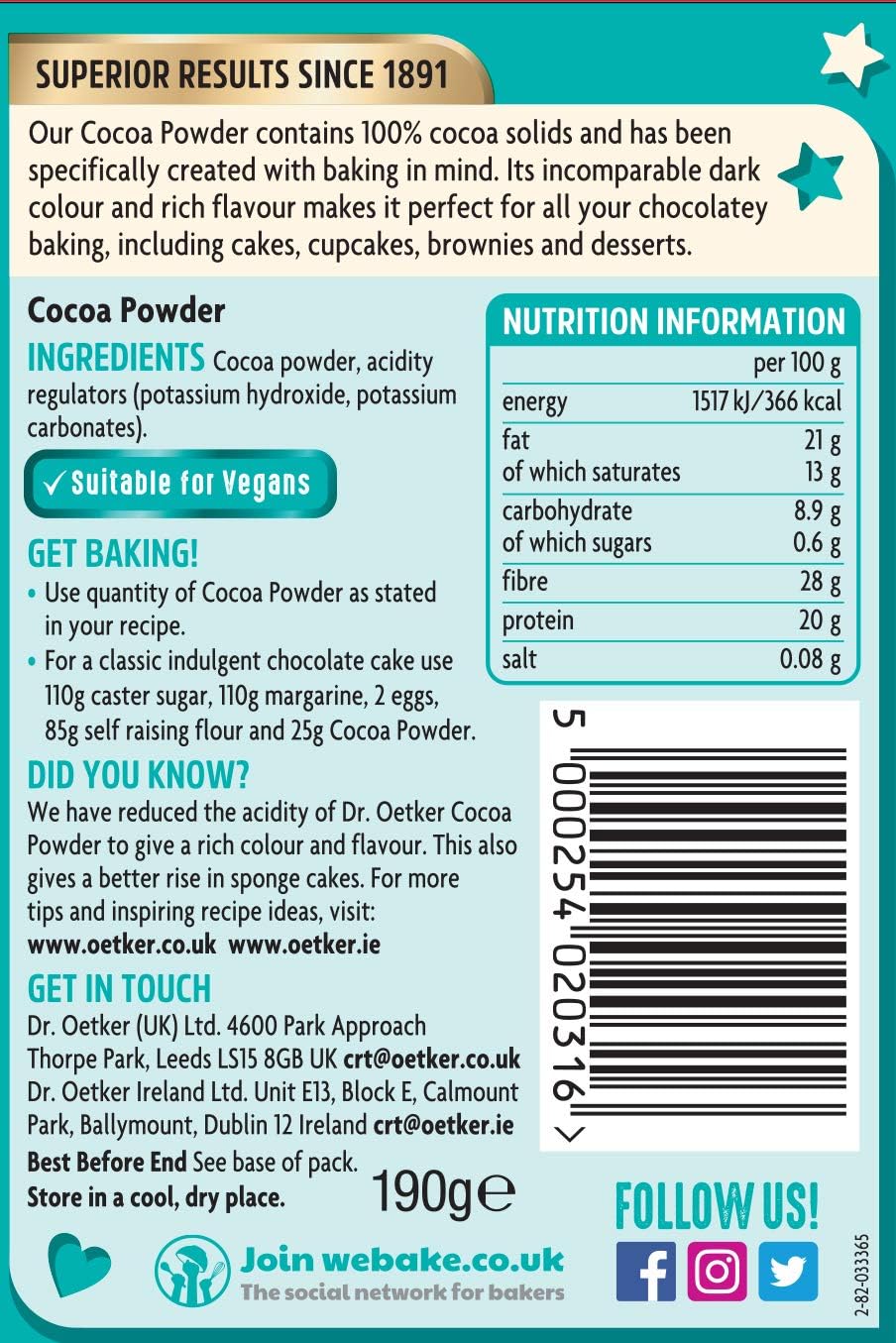 Bột Cacao Nguyên Chất Dùng Làm Bánh DR.OETKER Fine Dark Cocoa Powder Created For Bakers, Hộp 190g