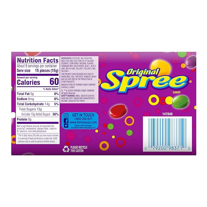 Kẹo Trái Cây Giòn Chua Ngọt Spree Original Hard Candy, Crunchy Candy, Theater Box, Hộp 142g (5 Oz.)