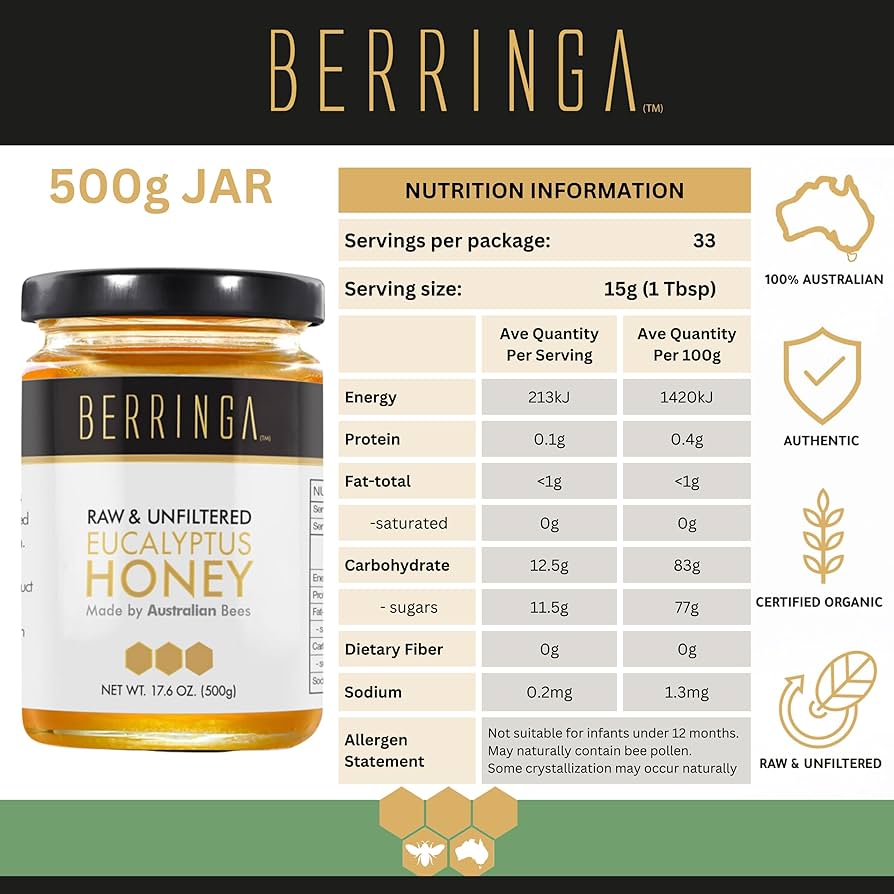 Mật Ong Nguyên Chất Hữu Cơ Berringa Raw Eucalyptus Honey Organic, Lọ 500g