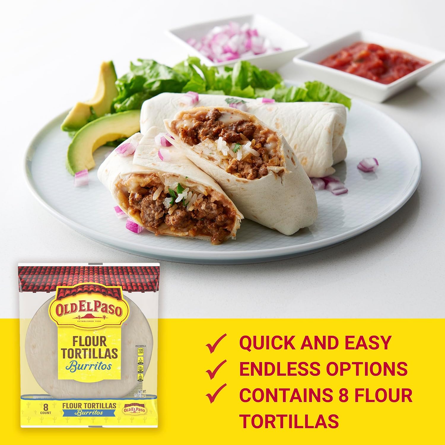 Vỏ Bánh Tortilla Làm Burrito Old El Paso Flour Tortillas For Burritos , Gói 8 Vỏ Cỡ 18cm (311g, 11 Oz.)