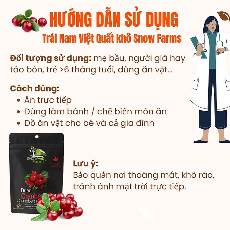 Trái Nam Việt Quất Khô Tự Nhiên Snow Farms Dried Cranberries, Gói 120g