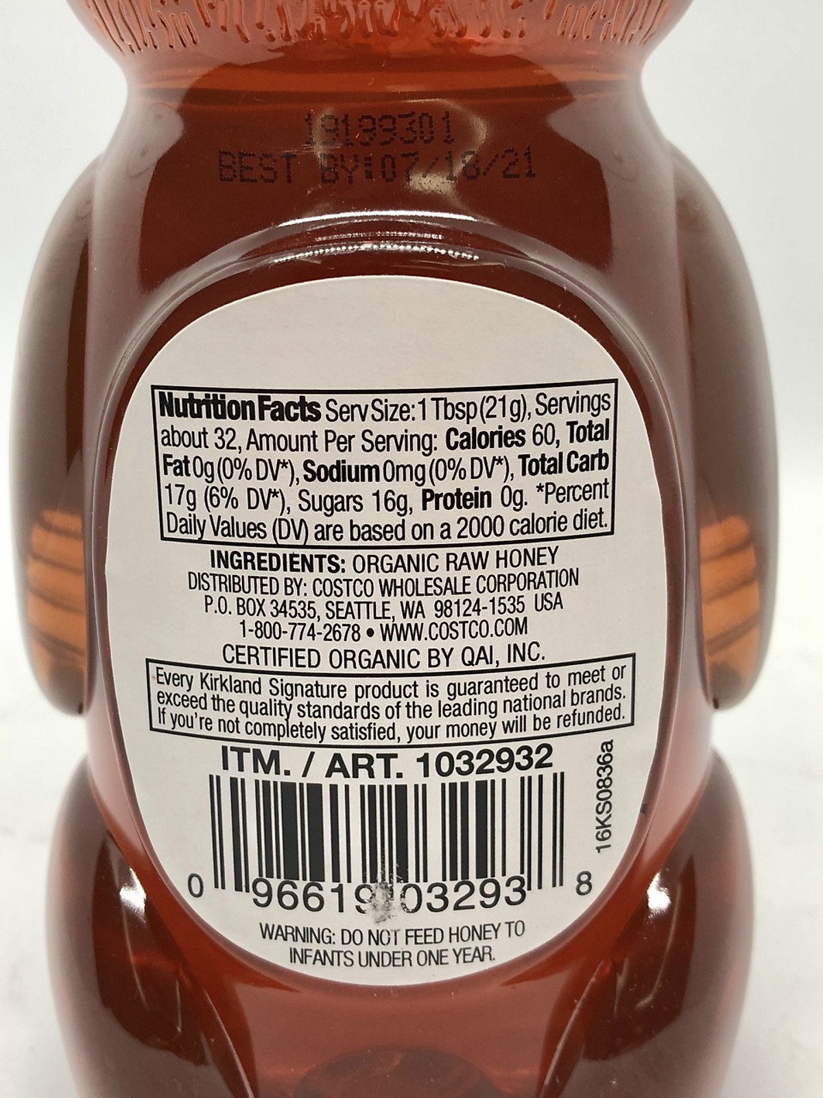 Mật Ong Hữu Cơ Nguyên Chất Kirkland Signature - Organic RAW Honey Bear 100% U.S. Grade A, Chai 680g (1 Lb. 8 Oz.) 24 Oz.