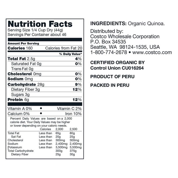 Hạt Diêm Mạch (Quinoa) Hữu Cơ Organic Quinoa, Kirkland Signature Túi 2.04 Kg (4.5 Lb.)
