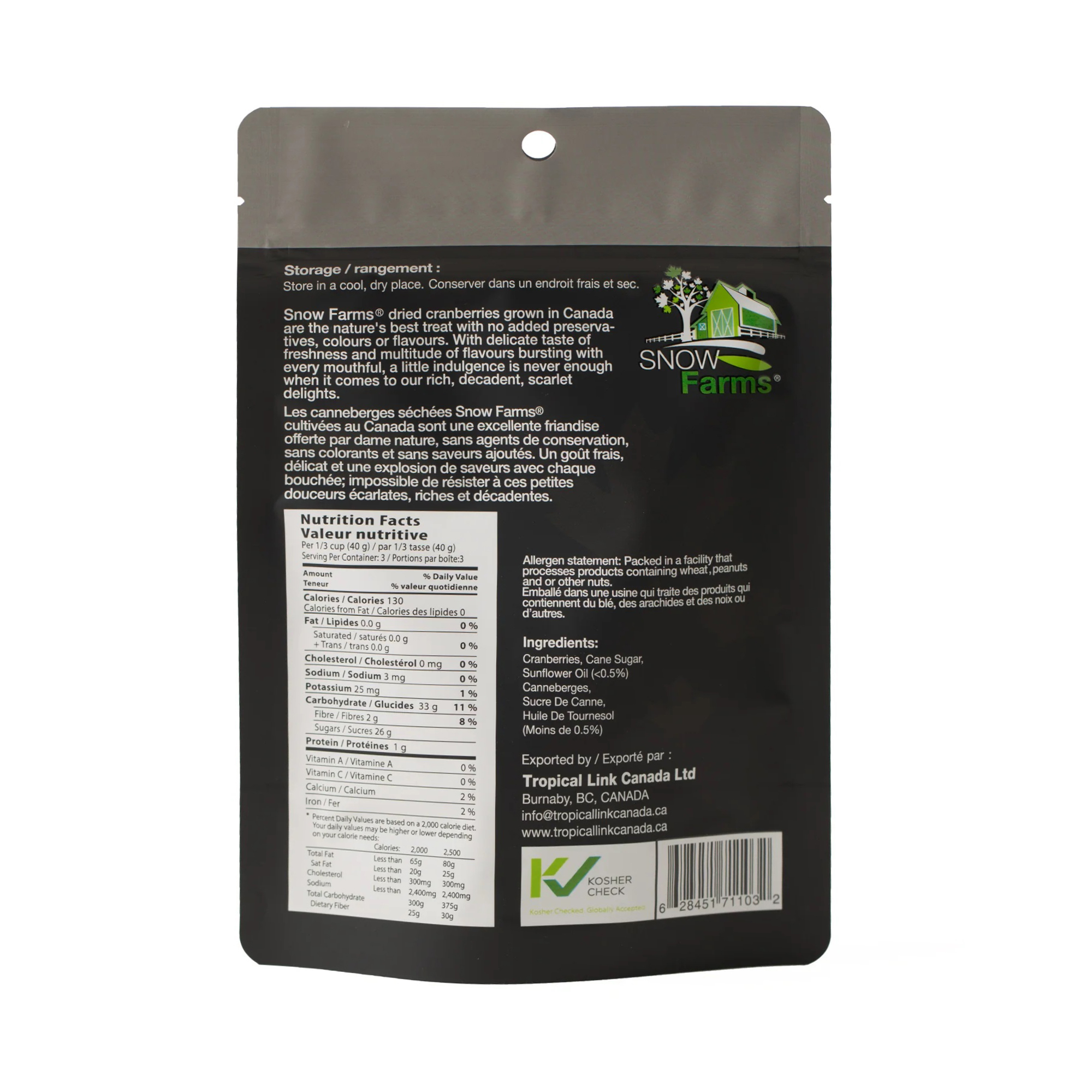 Trái Nam Việt Quất Khô Tự Nhiên Snow Farms Dried Cranberries, Gói 120g