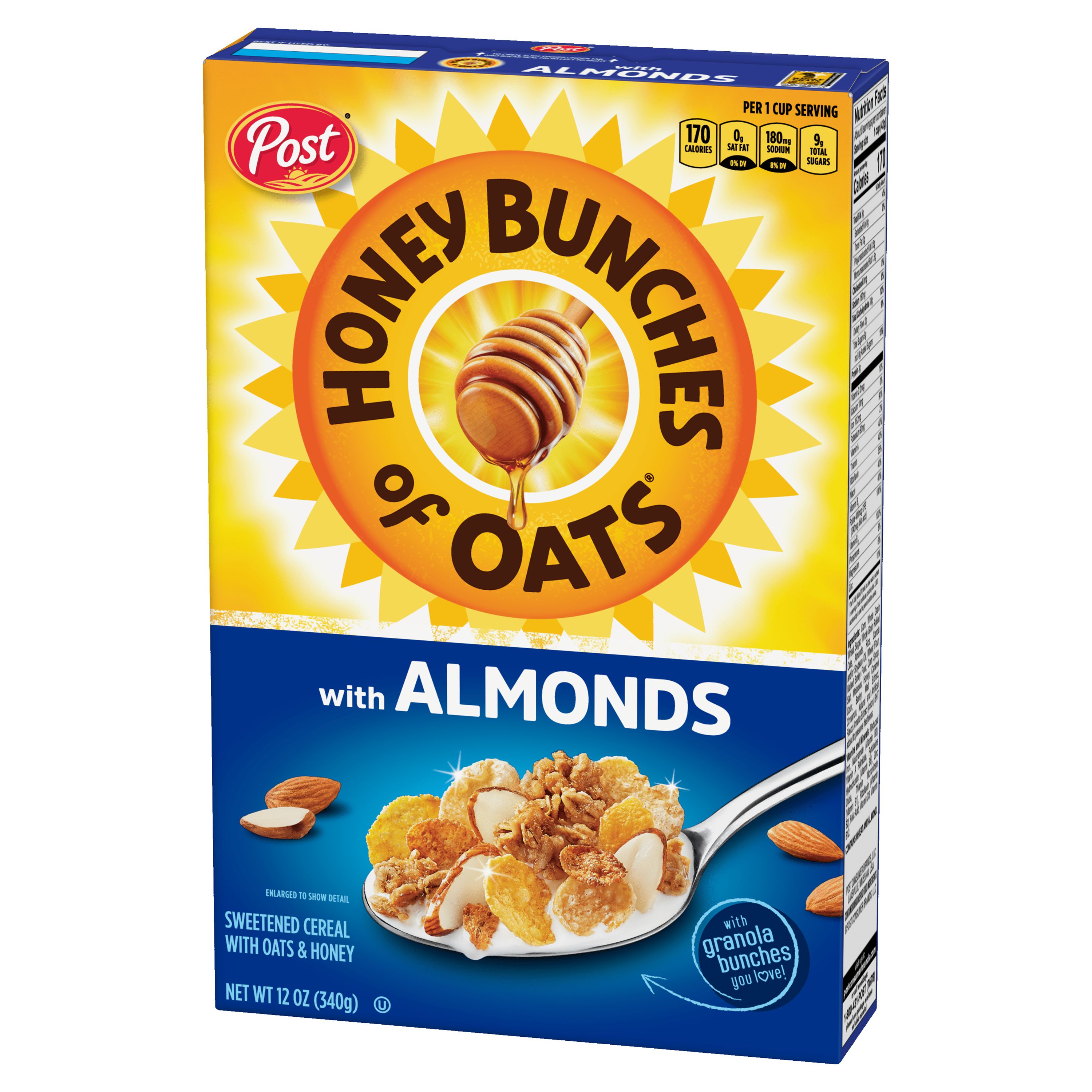 Ngũ Cốc Ăn Sáng Yến Mạch Mật Ong Với Hạnh Nhân Post Honey Bunches of Oats with Almonds Breakfast Cereal with Granola Clusters, Hộp 340g