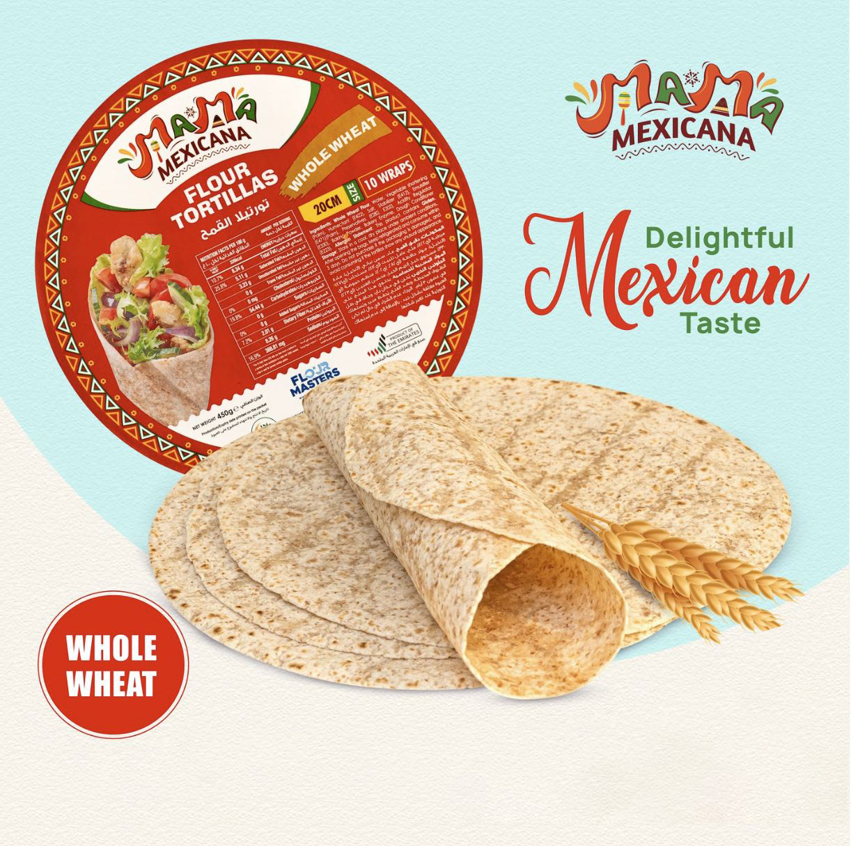 Vỏ Tortilla Nguyên Cám Tortilla Whole Wheat Mama Mexicana (Size 20cm), Gói 10 Vỏ (Gói 450g)