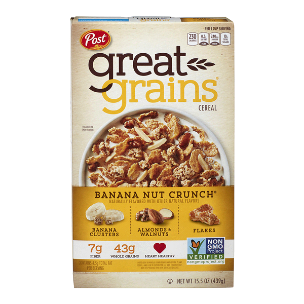 Ngũ Cốc Ăn Sáng Giòn Với Chuối Post Great Grains Banana Nut Crunch Breakfast Cereal, Hộp 439g (15.5 Oz.)