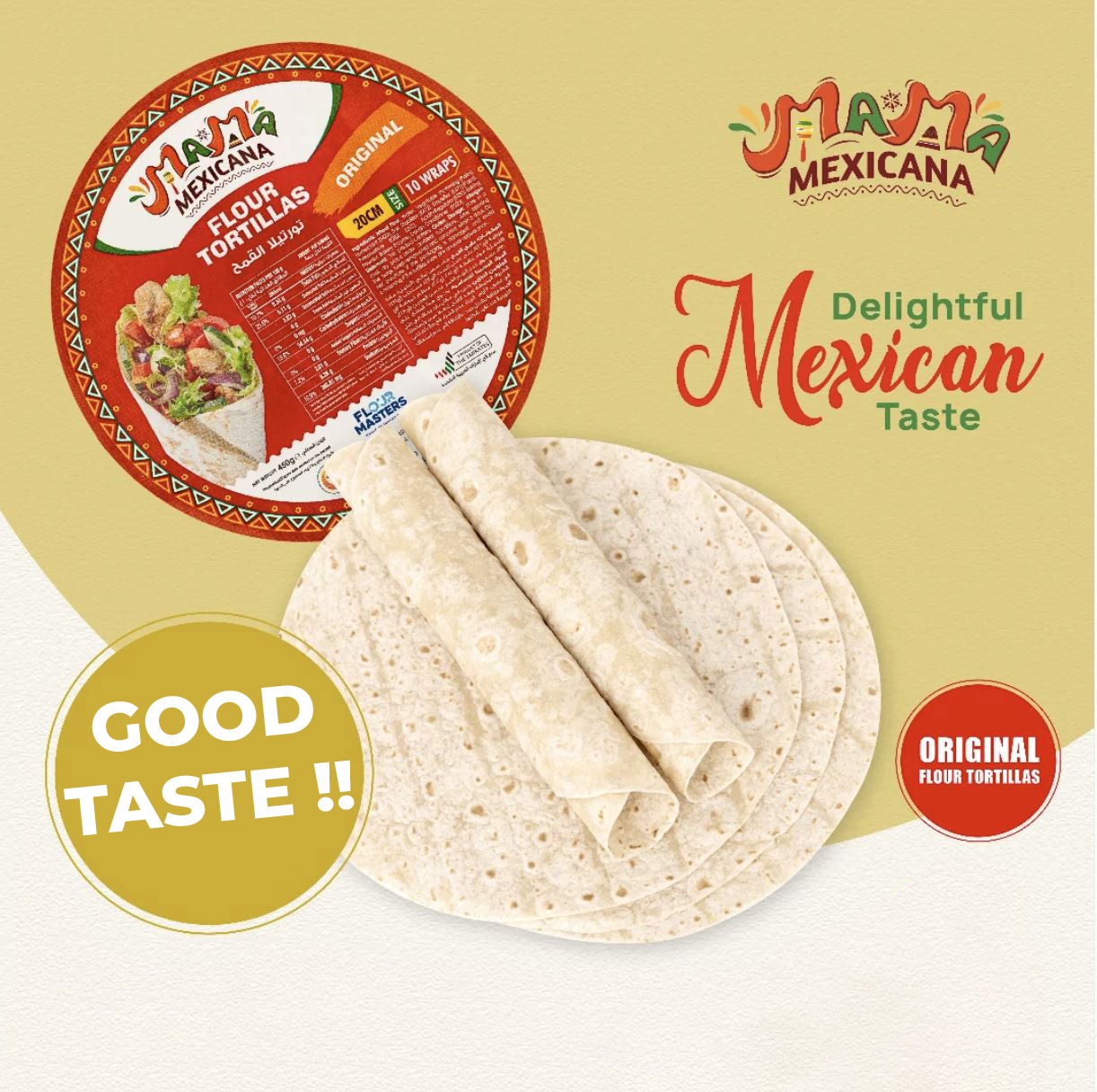 Vỏ Bánh Tortilla Truyền Thống Mama Mexicana Flour Tortilla Original (Size 20cm), Gói 10 Vỏ (Gói 450g)