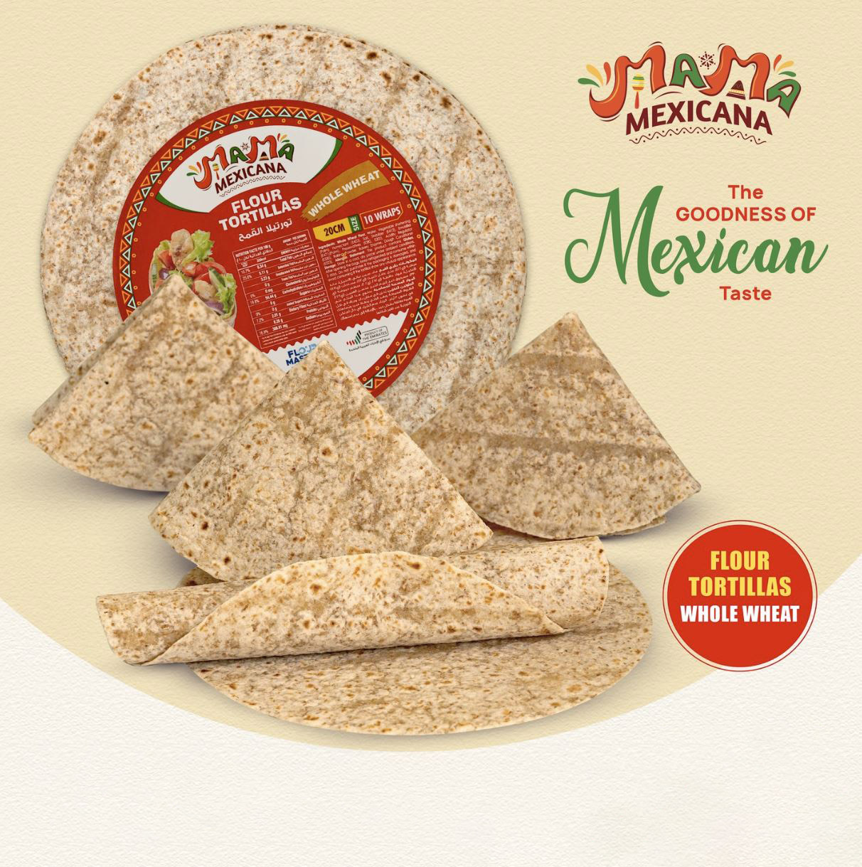 Vỏ Tortilla Nguyên Cám Tortilla Whole Wheat Mama Mexicana (Size 20cm), Gói 10 Vỏ (Gói 450g)