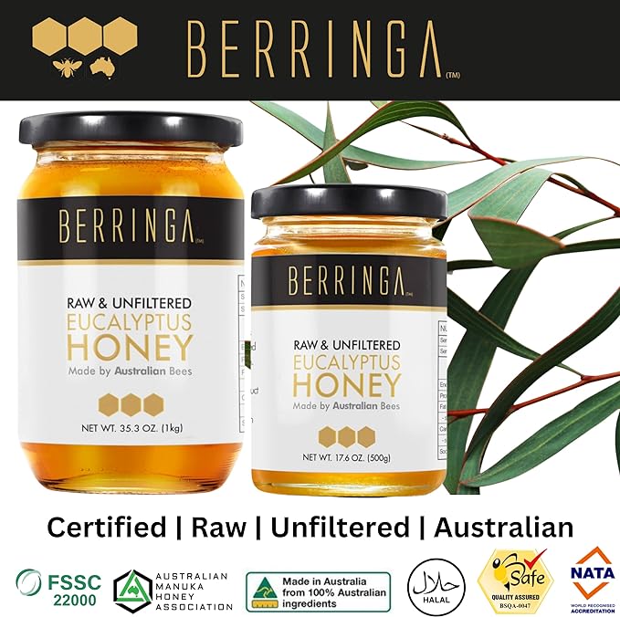 Mật Ong Nguyên Chất Hữu Cơ Berringa Raw Eucalyptus Honey Organic, Lọ 500g