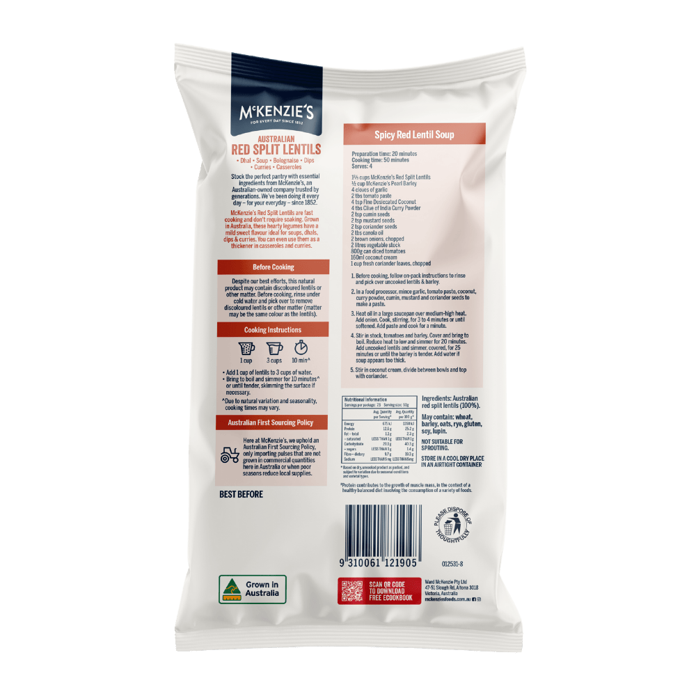 Đậu Lăng Đỏ Cao Cấp McKenzie's Australian Red Split Lentils, Gói 375g