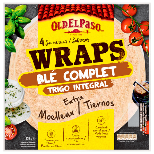 Vỏ Bánh Tortillas Nguyên Cám Thuần Chay Old El Paso Vegan Tortilla Wraps Wholegrain, Túi 233g (4 Vỏ)