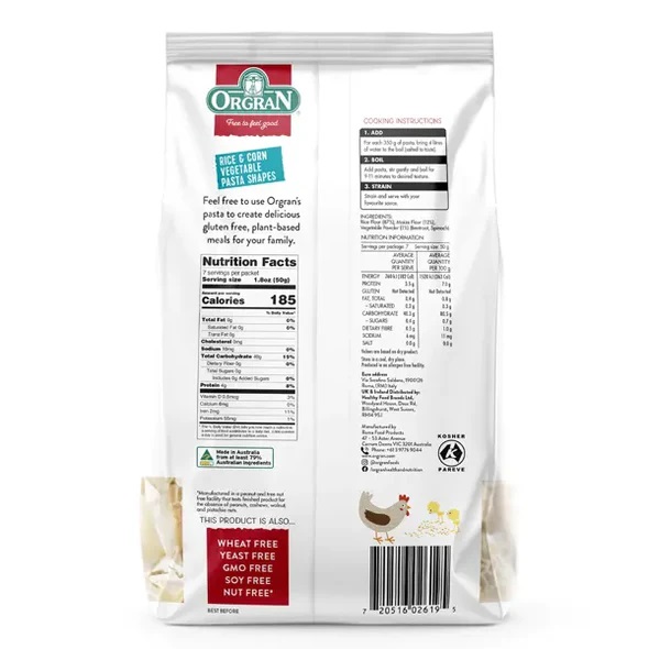 Nui Cho Bé Không Gluten, Nui Rau Củ Và Bắp Organ Farm Rice & Corn Vegetable Pasta Animals Shapes, Gói 350g