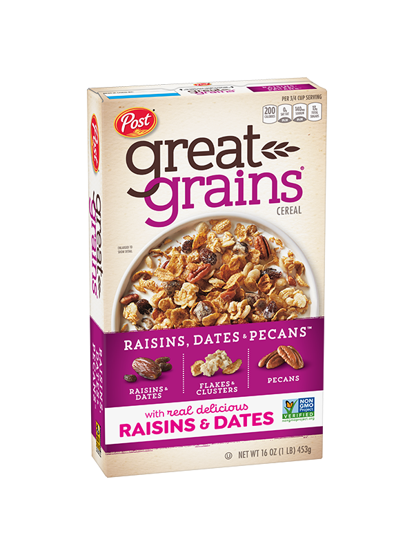 Ngũ Cốc Ăn Sáng Với Nho Khô, Chà Là & Hạt Hồ Đào Post Great Grains Raisins, Dates & Pecans Breakfast Cereal, Hộp 453g (1 Lb.) 16 Oz.