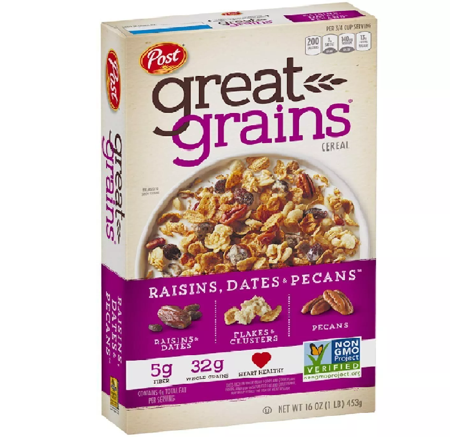 Ngũ Cốc Ăn Sáng Với Nho Khô, Chà Là & Hạt Hồ Đào Post Great Grains Raisins, Dates & Pecans Breakfast Cereal, Hộp 453g (1 Lb.) 16 Oz.