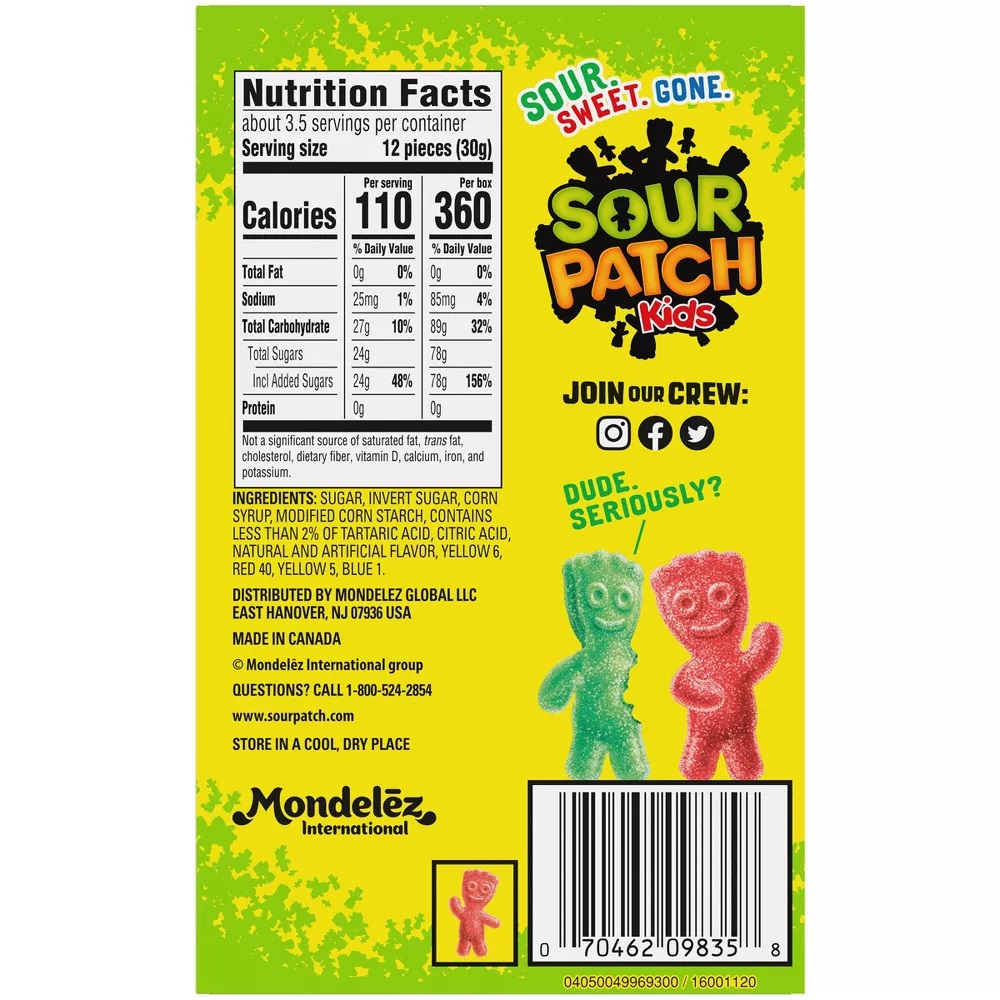 Kẹo Dẻo Trái Cây Sour Patch Kids Original Soft & Chewy Candy, Hộp 99g (3.5 Oz.)