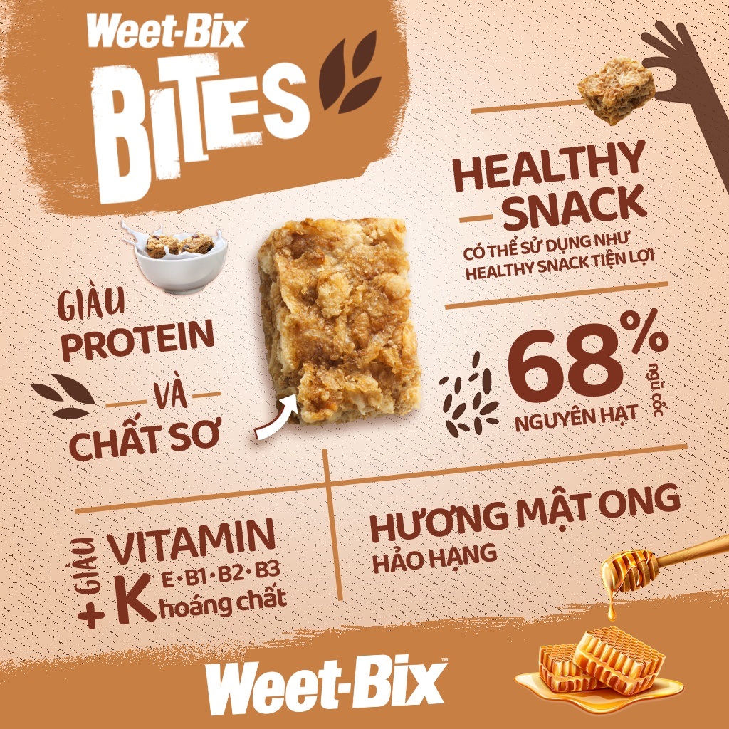 Bánh Ngũ Cốc Ăn Sáng Weet-Bix Bites Vị Mật Ong Giòn Giàu Chất Xơ Ít Đường, Hộp 500g
