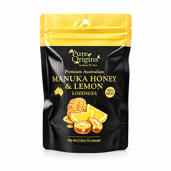 Viên Ngậm Mật Ong Chanh Premium Australian Manuka Honey & Lemon Lozenges Pure Origins, Gói 16 Viên (Gói 80g)
