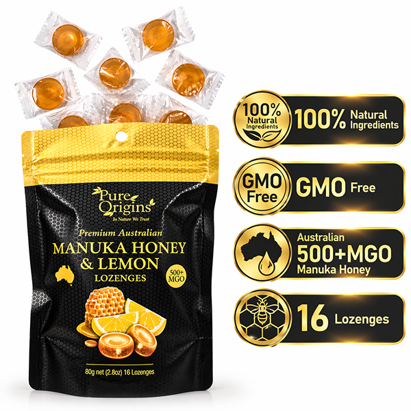Viên Ngậm Mật Ong Chanh Premium Australian Manuka Honey & Lemon Lozenges Pure Origins, Gói 16 Viên (Gói 80g)