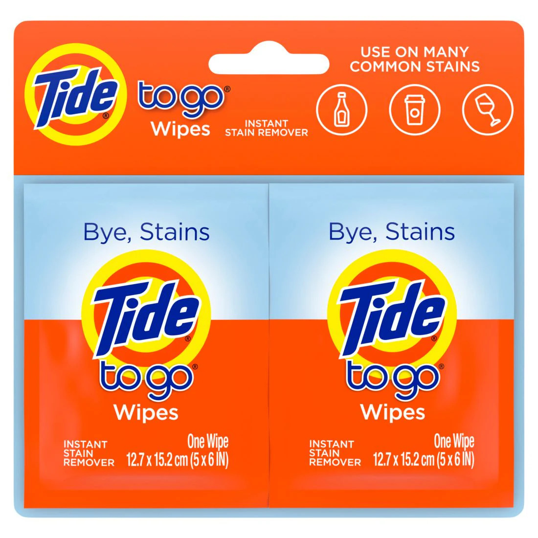 Khăn Tẩy Nhanh Vết Bẩn Thức Ăn, Thức Uống Trên Áo Tide To Go Wipes, Vỉ 2 Gói (Mỗi Gói 1 Tờ 12.7 x 15.2 cm)
