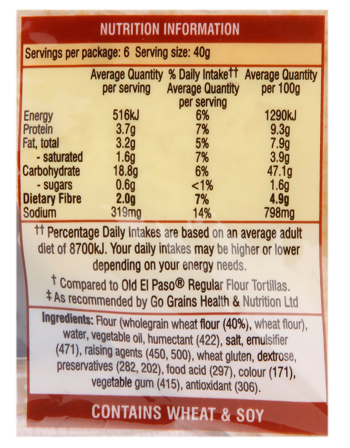 Vỏ Bánh Nguyên Cám Old El Paso Mexican Wholegrain Regular Tortillas, Gói 240g, 6 Cái