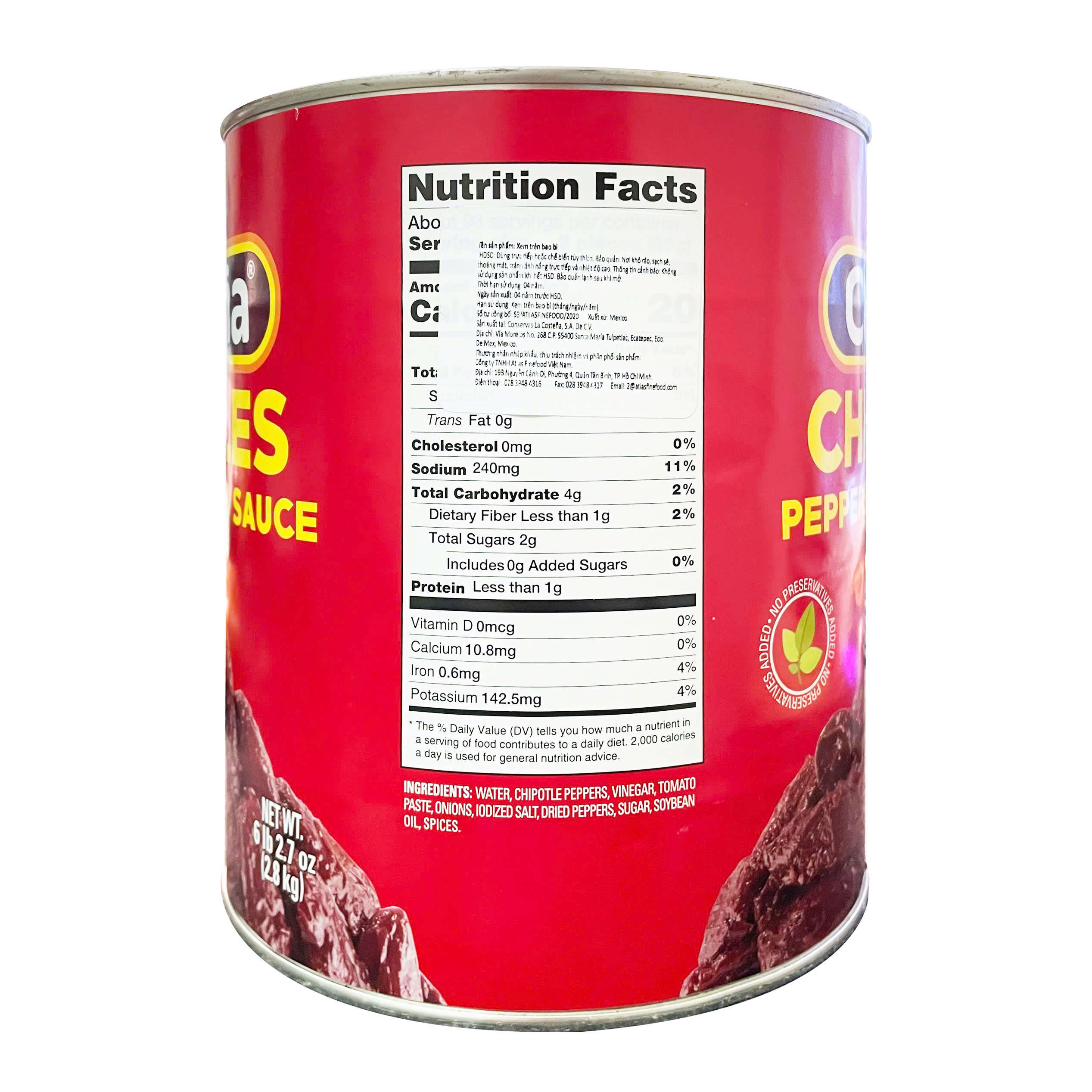 Ớt Chipotle Ngâm Sốt Adobo La Costena Chipotle Peppers In Adobo Sauce, Thùng 2.8kg