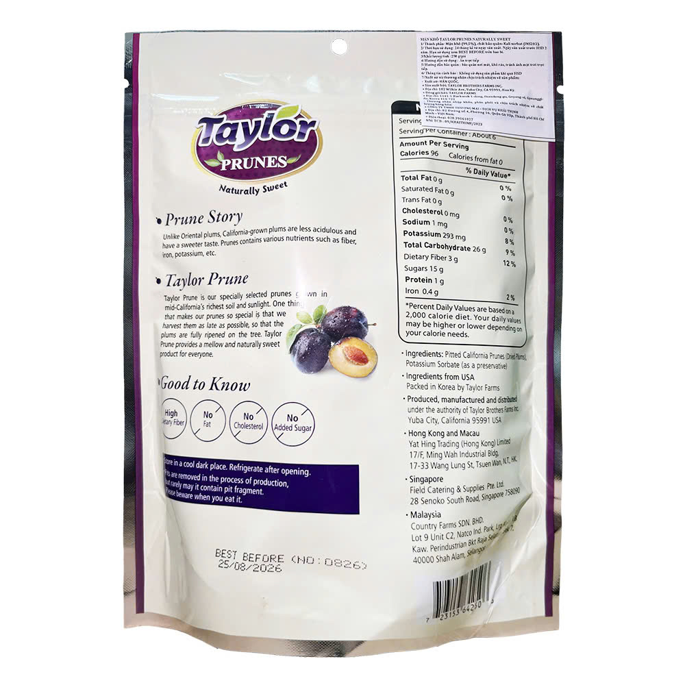 Mận Khô Tự Nhiên Không Thêm Đường Taylor Prunes Naturally Sweet, Gói 250g (8.8 Oz)