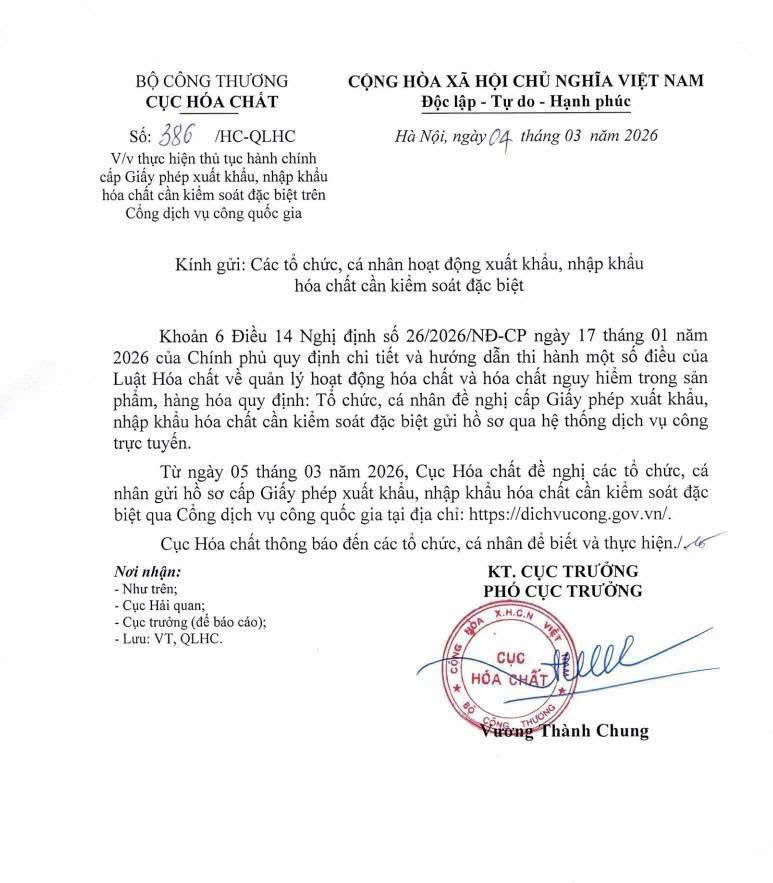 BÁO CÁO TÓM TẮT: TRIỂN KHAI THỦ TỤC CẤP PHÉP XUẤT NHẬP KHẨU HÓA CHẤT CẦN KIỂM SOÁT ĐẶC BIỆT QUA CỔNG DỊCH VỤ CÔNG QUỐC GIA