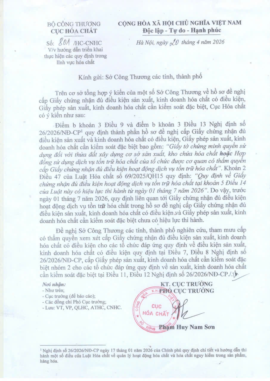 HƯỚNG DẪN TRIỂN KHAI QUY ĐỊNH PHÁP LUẬT VỀ QUẢN LÝ HOÁ CHẤT NĂM 2026