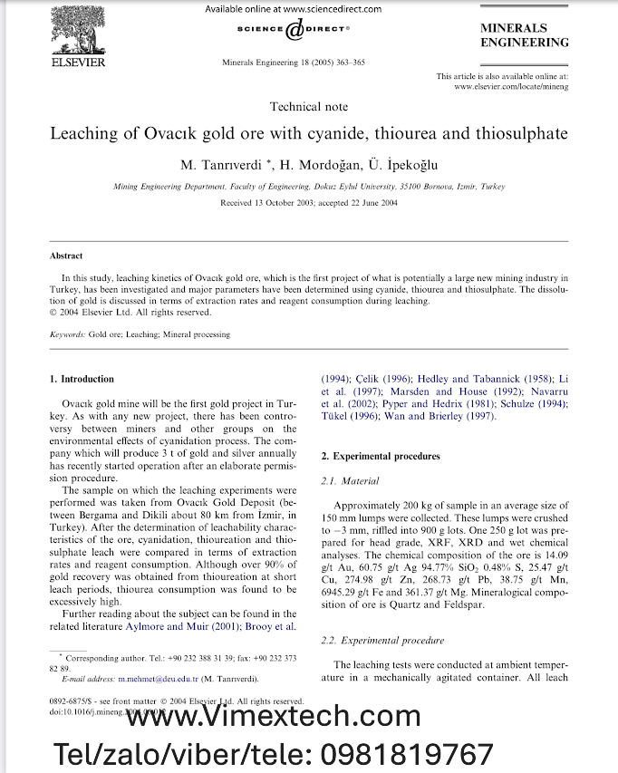 Bản dịch nghiên cứu so sánh chiết tách vàng bằng Xyanua, Thiourê và Thiosunfat ở mỏ Ovacik