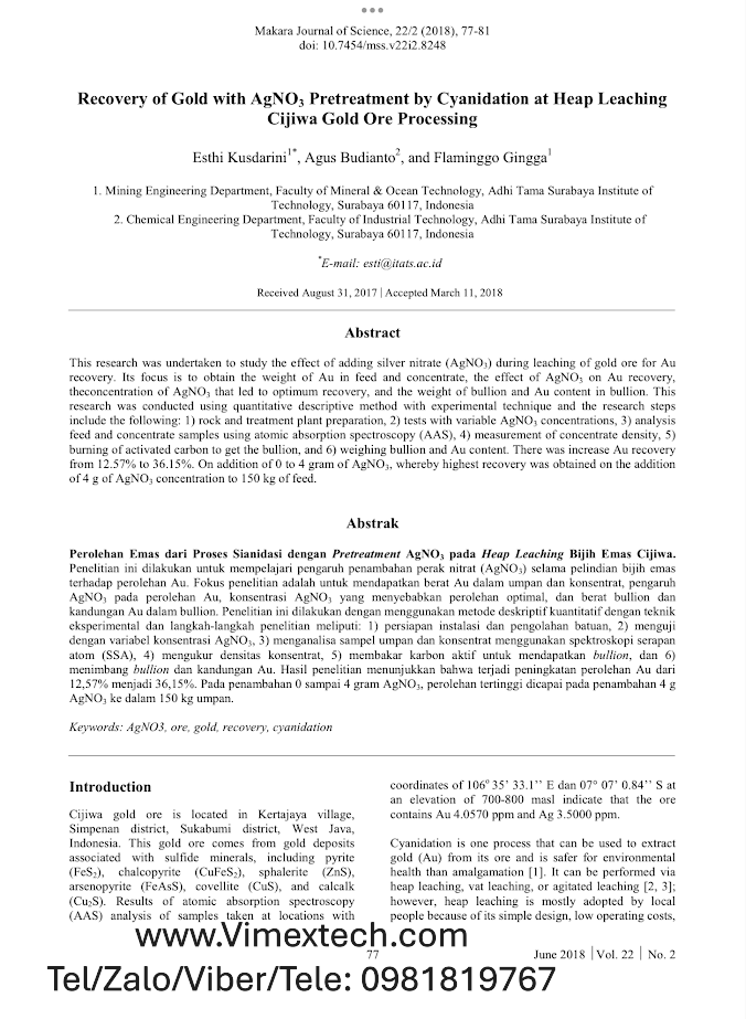 Tóm tắt Đề tài: Nâng cao hiệu suất thu hồi vàng (Au) bằng tiền xử lý AgNO₃ trong quá trình xianua hóa theo phương pháp thấm đống (Heap Leaching)