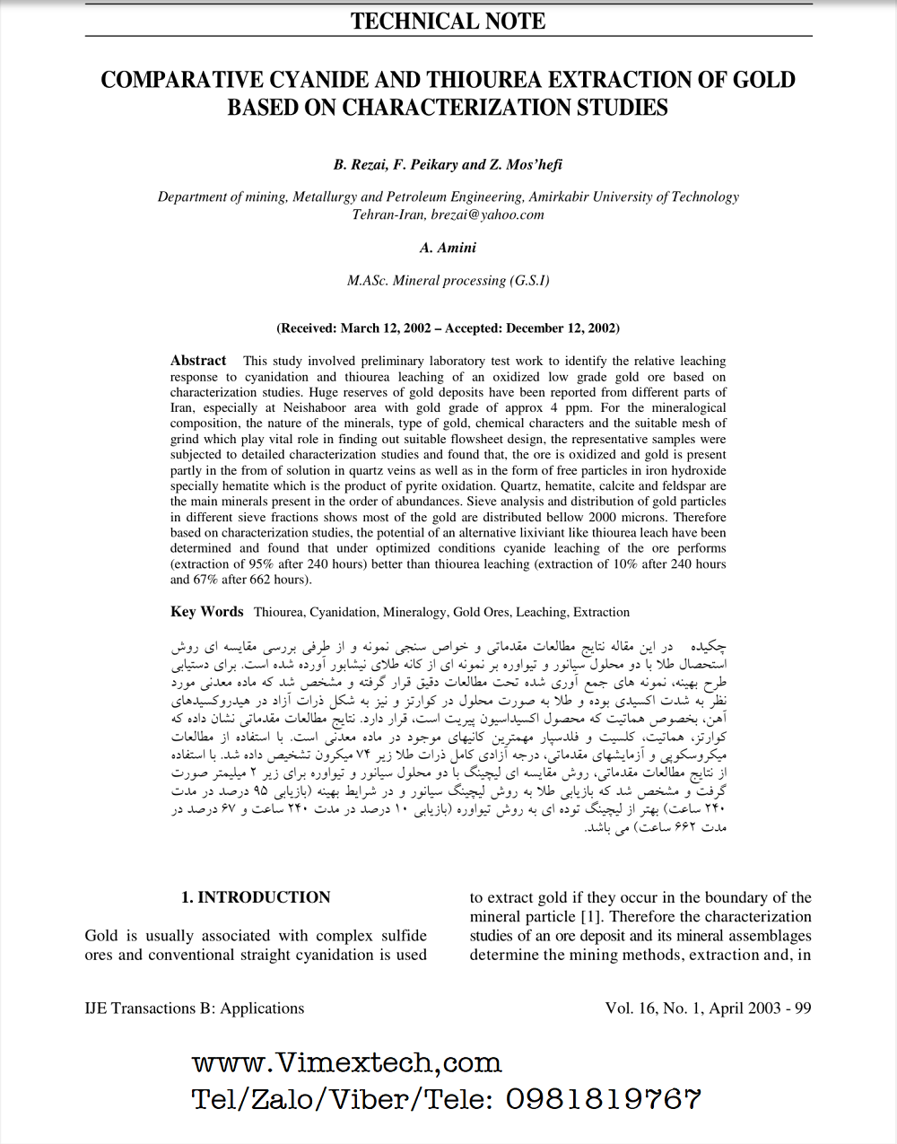 BẢN DỊCH TÓM TẮT KỸ THUẬT: SO SÁNH CHIẾT XUẤT VÀNG BẰNG XIANUA VÀ THIOUREA DỰA TRÊN CÁC NGHIÊN CỨU ĐẶC TÍNH