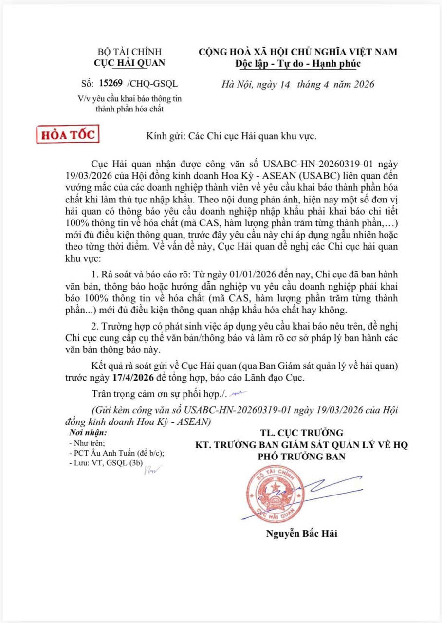 RÀ SOÁT YÊU CẦU KHAI BÁO THÔNG TIN THÀNH PHẦN HÓA CHẤT TRONG THỦ TỤC HẢI QUAN