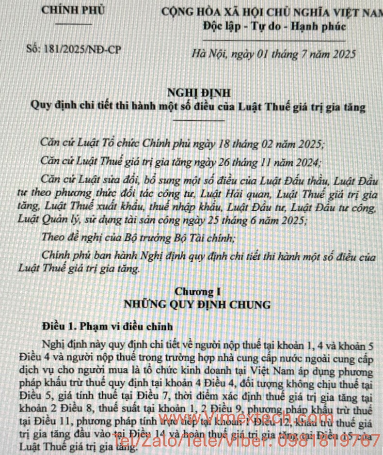 Tóm tắt thuế cho ngành hóa chất theo nghị định 181/2025 ND-CP ngày 1/7/2025 về thuế GTGT.