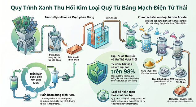 Tóm tắt CN101831553B USpattent  phương pháp tái chế xanh nhằm thu hồi các kim loại quý từ bảng mạch điện tử thải bằng quy trình thủy luyện toàn phần.