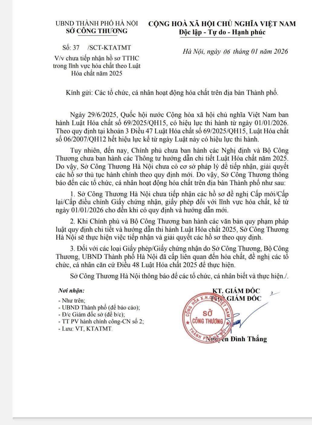 Sở Công Thương Hà Nội Tạm ngừng Tiếp nhận Hồ sơ trong Lĩnh vực Hóa chất