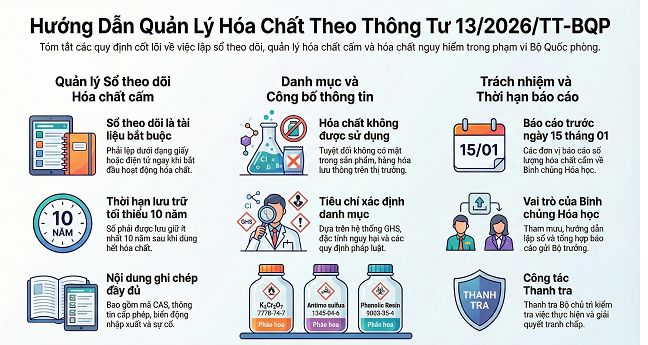 TÓM TẮT THÔNG TƯ 13/2026/TT-BQP: QUY ĐỊNH VÀ HƯỚNG DẪN THI HÀNH LUẬT HÓA CHẤT TRONG PHẠM VI QUẢN LÝ CỦA BỘ QUỐC PHÒNG