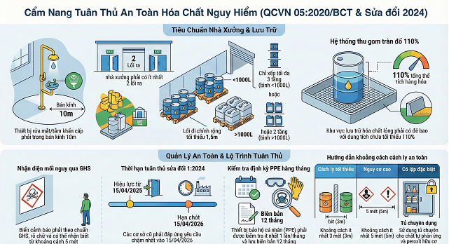 Tóm Lược: Quy Chuẩn Kỹ Thuật Quốc Gia về kho chứa, vận chuyển hóa chất theo (QCVN 05:2020/BCT và Sửa đổi 1:2024) và các văn bản kèm theo.