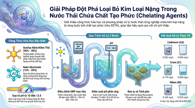 Tóm Tắt: Phương Pháp Và Công Thức Loại Bỏ Kim Loại Nặng Trong Nước Thải Chứa Chất Tạo Phức từ Bằng sáng chế Hoa Kỳ số 9,499,420 B2