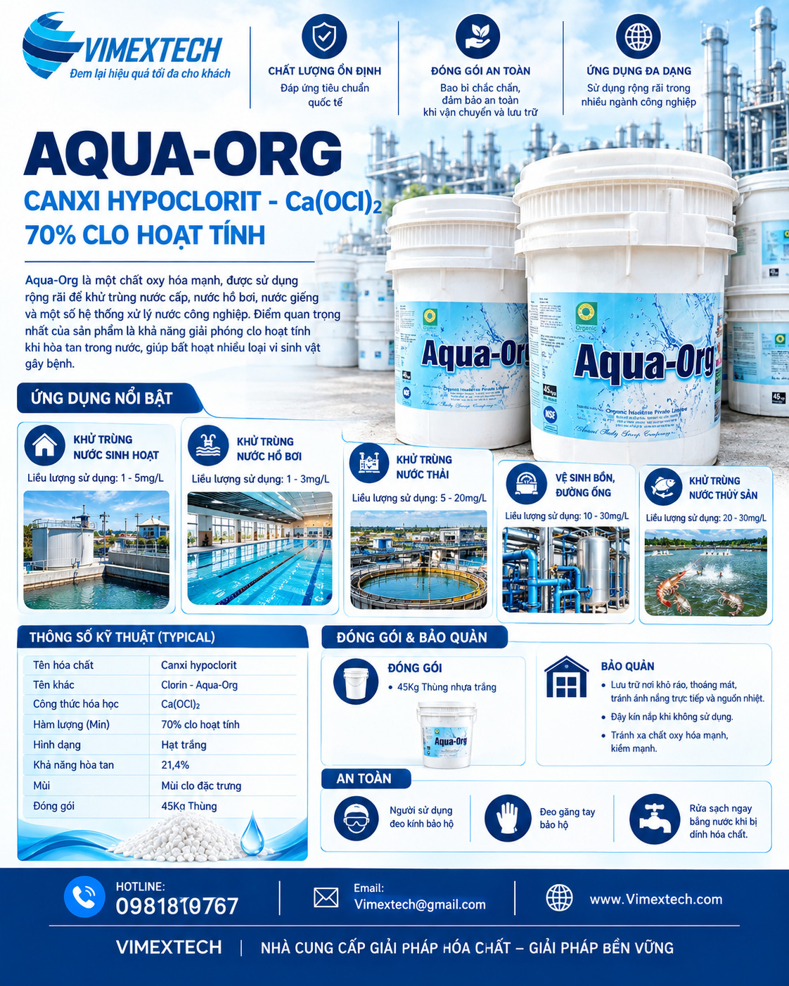 CLORIN 70% - Aqua-Org – Ấn độ - 45kg -Tính chất, ứng dụng, liều lượng và an toàn sử dụng