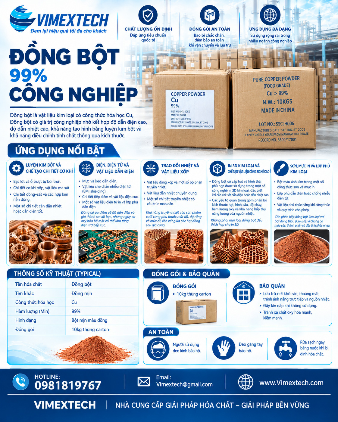 Đồng bột - Cu - Trung quốc - Công nghiệp - 10kg - Tính chất hóa lý và ứng dụng của nó